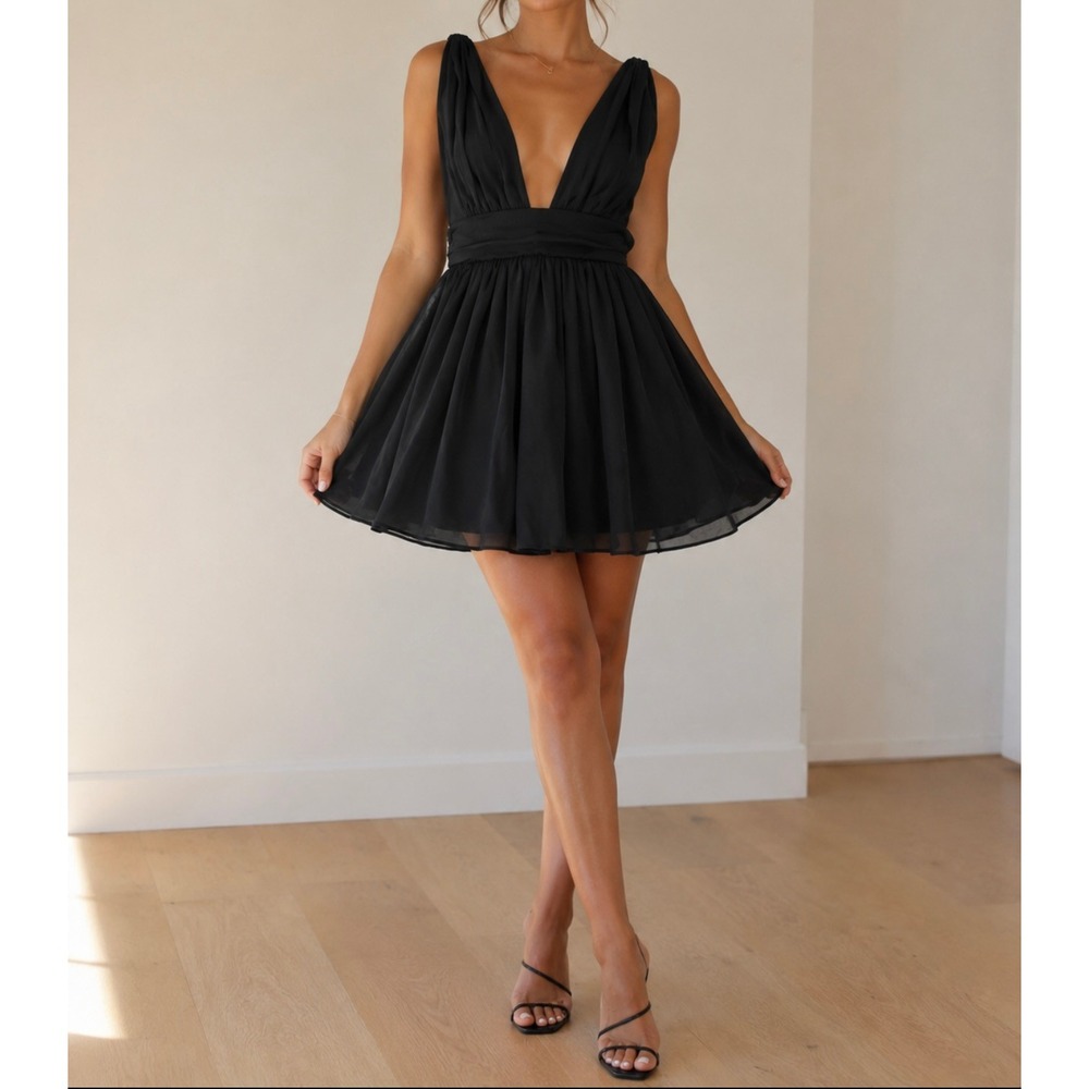 Lucy in the Sky Black Deep V-Neck Skater Mini Dress Bow Women's M LBD Coquette
